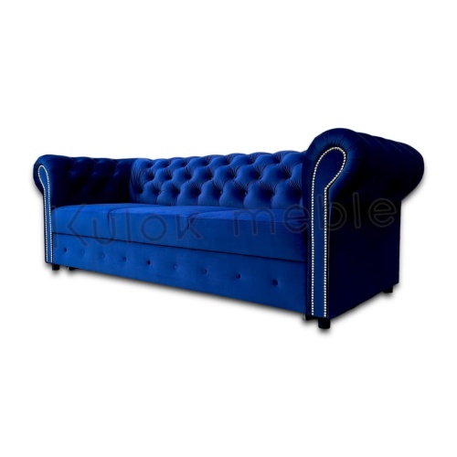 Sofa Chesterfield granatowa – perspektywa z lewej strony, eleganckie wykończenie, 225 cm długości