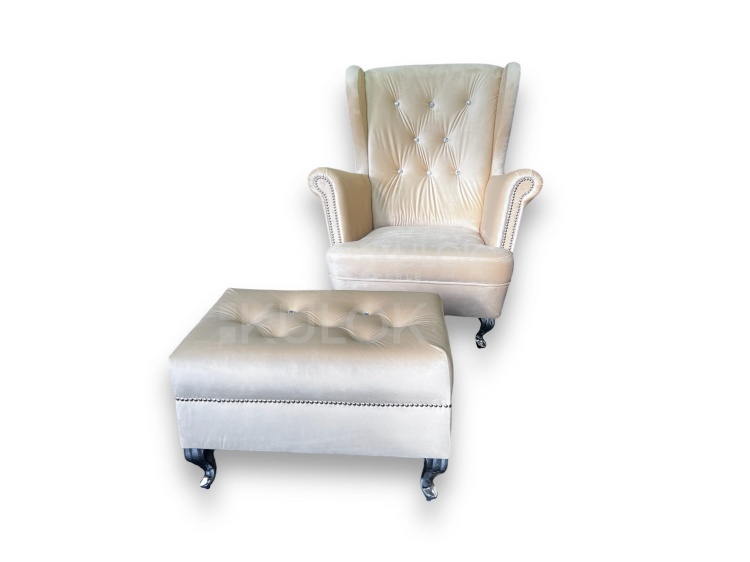 Fotel uszak z podnóżkiem - zestaw glamour