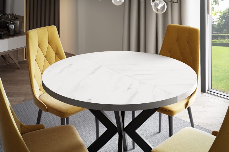 Stół o luksusowym wyglądzie Marmuru Bianco, dodający wnętrzu wyjątkowej klasy.