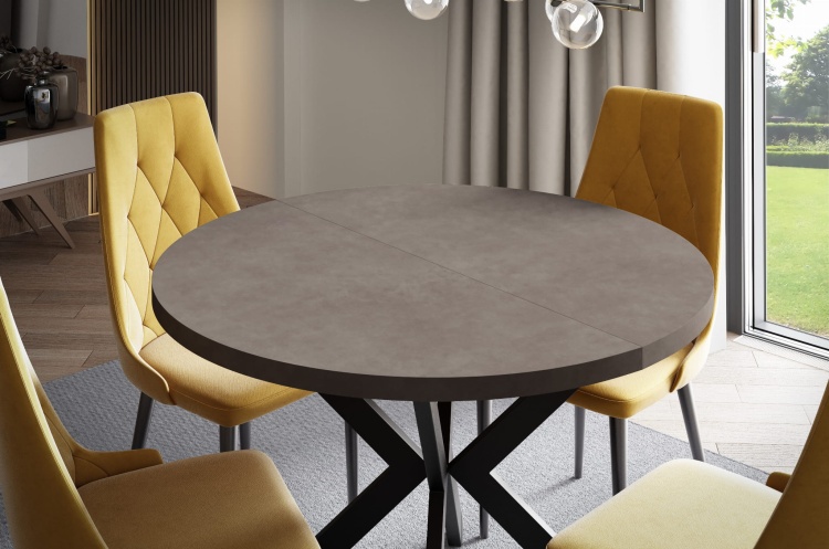 Stylowy stół w kolorze Smooth Concrete Brown, który nadaje przestrzeni industrialnego charakteru.