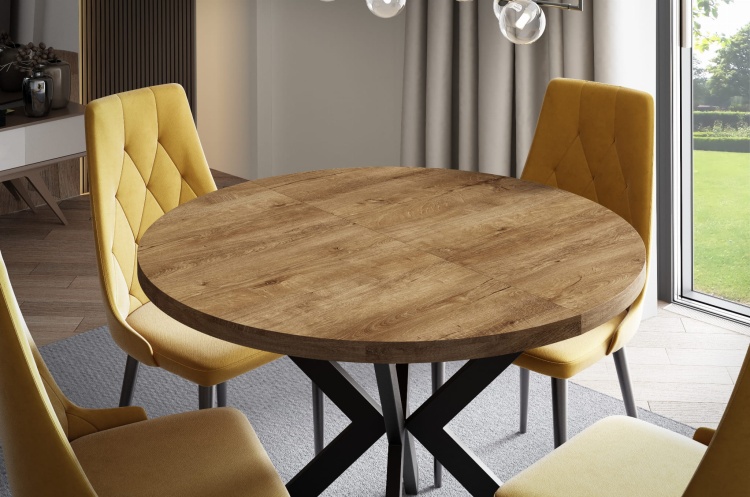 Stół w intensywnym odcieniu Dębu Lefkas Ciemny, emanujący elegancją i nowoczesnością.