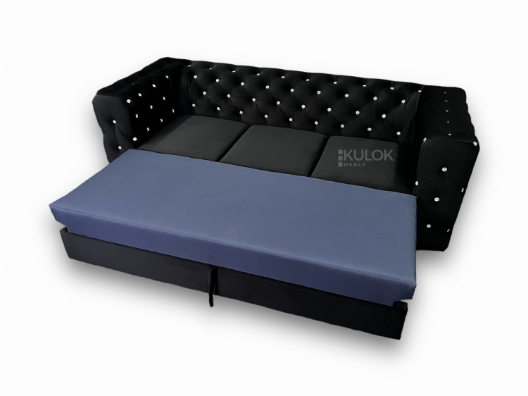 Kanapa Glamour 3-osobowa rozłożona w funkcję spania.