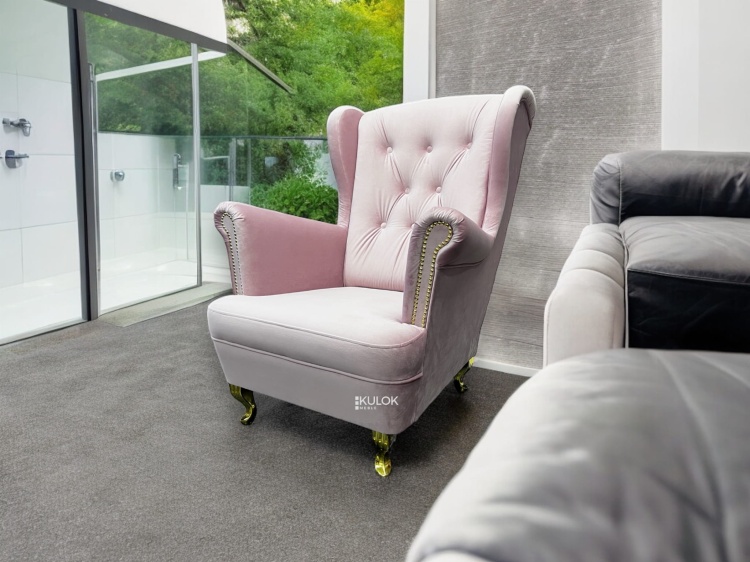 Fotel Uszak pikowany glamour w stylu Chesterfield