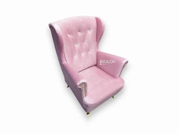 Fotel Uszak pikowany glamour ze złotymi dodatkami