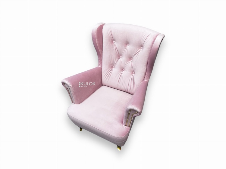 Fotel Uszak pikowany glamour z nogami ludwik