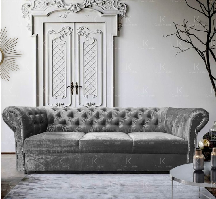 Srebrna sofa chesterfield z funkcją spania