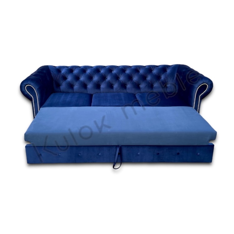 Sofa Chesterfield granatowa – szerokie siedzisko i klasyczne oparcie, widok z góry, 225 cm