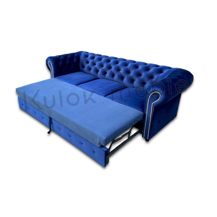 Sofa Chesterfield z funkcją spania – rozłożona wersja, kolor granatowy, szerokość 225 cm