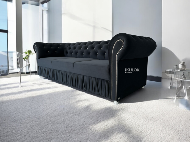 Czarna designerska kanapa chesterfield z kryształami, 3-osobowa, welur Amor Velvet, z funkcją spania.