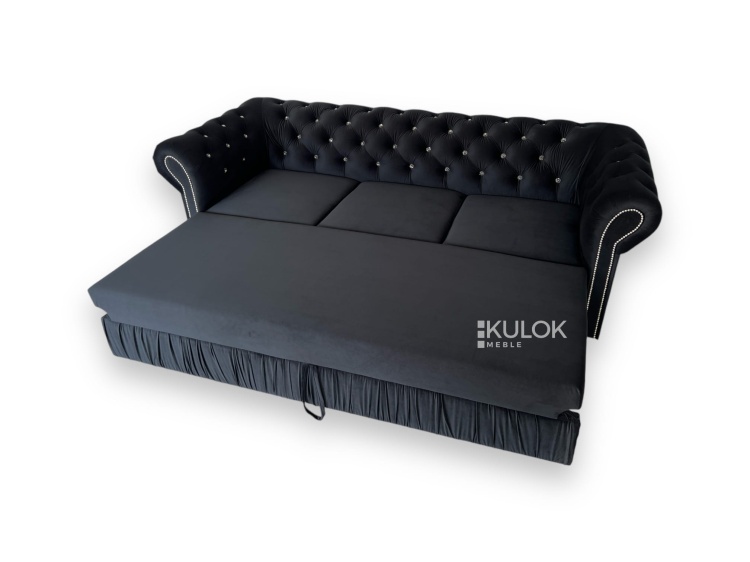 Luksusowa sofa chesterfield pikowana kryształkami, srebrne cekiny, rozkładana, 225 cm.