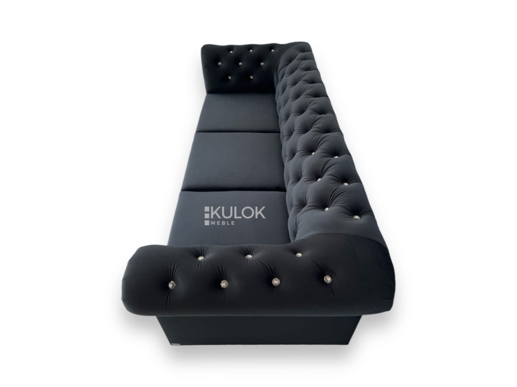 Designerska kanapa glamour, 225 cm, czarny welur, srebrne cekiny, funkcja spania.