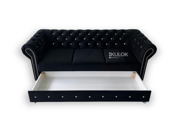 Sofa Chesterfield z czarnego weluru Magic Velvet z lśniącymi kryształkami