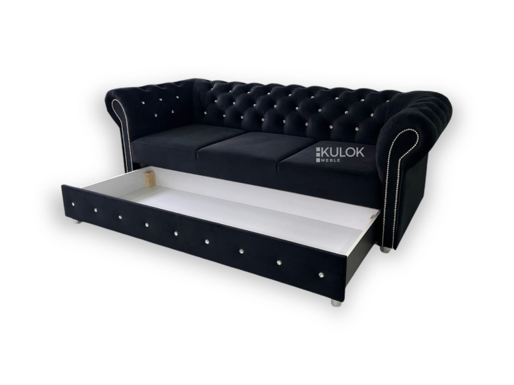 Stylowa sofa glamour Chesterfield do salonu z pojemnikiem na pościel