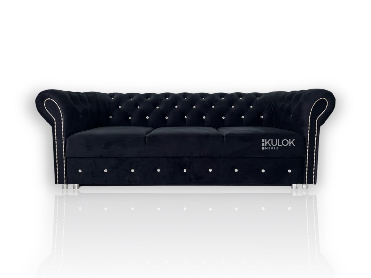 Sofa Chesterfield 3-osobowa glamour z kryształkami i pojemnikiem na pościel