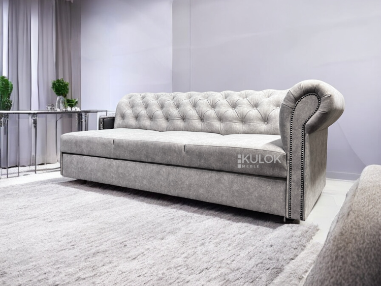 Szezlong Chesterfield 200cm w szarym welurze