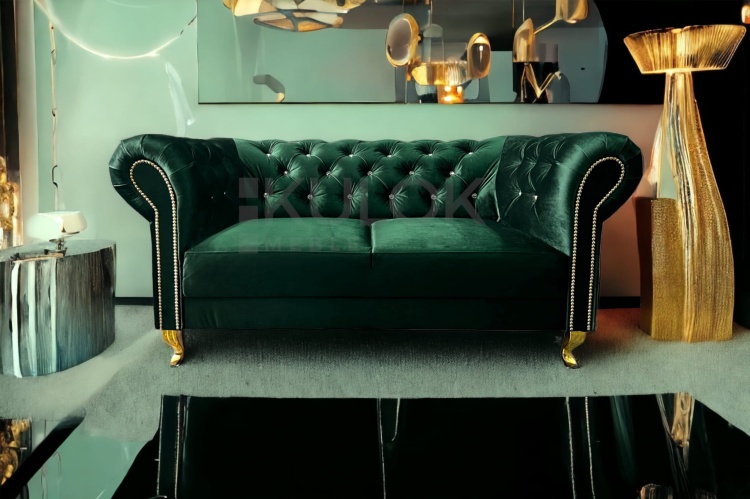 Ekskluzywna sofa Chesterfield dwuosobowa Lux - ciemna zieleń, tkanina Primo 8818 Velvet, pikowanie kryształami Swarovski, złote elementy, złote nogi Ludwik chrom.