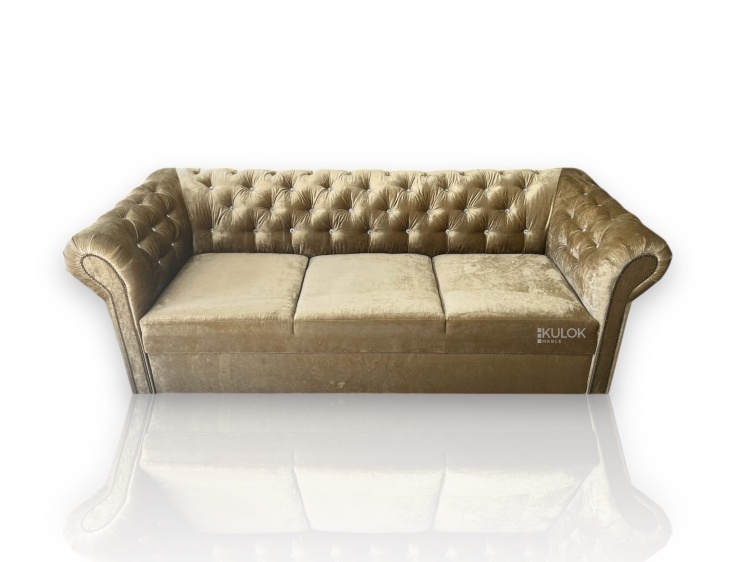 Elegancka sofa welurowa złota 3-osobowa z kryształami – meble glamour