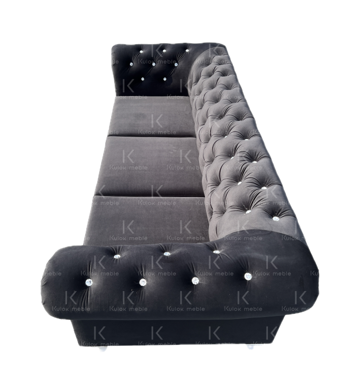 Czarna Amor Velvet 4322 - Pikowana Trzyosobowa Sofa Chesterfield z Kryształkami.