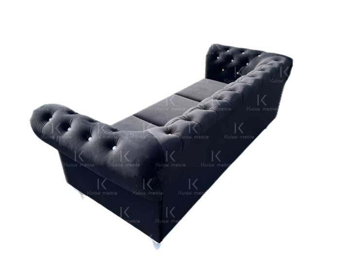 Czarny Amor Velvet - Pikowana Głęboko Sofa Chesterfield na Białych Nogach.