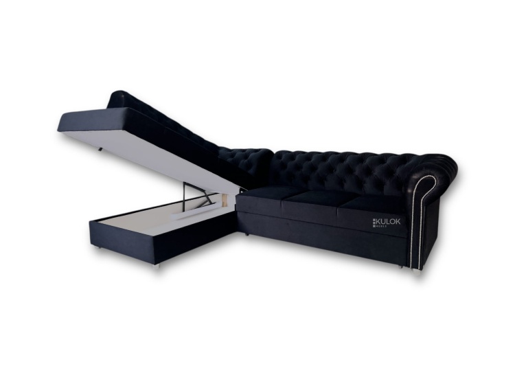 Czarny narożnik z tkaniną Magic Velvet i srebrnymi ćwiekami