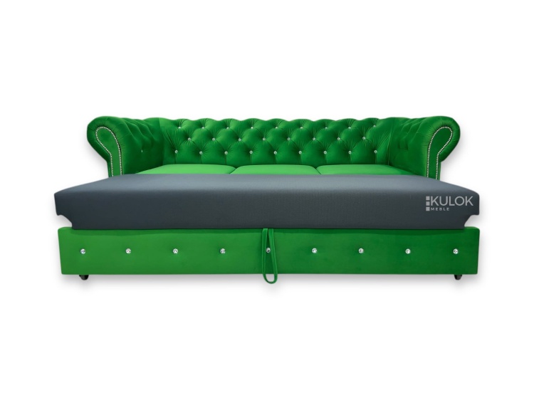 Zielona sofa glamour Magic Velvet 2291 – pikowane oparcie i kryształki