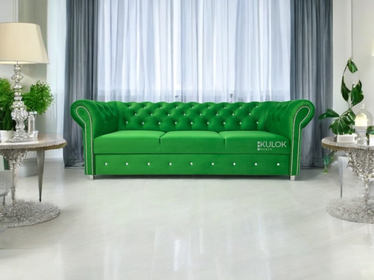 Stylowa sofa glamour do salonu – zielona tapicerowana kanapa