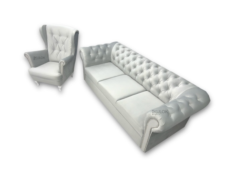sofa Chesterfield 3-osobowa z funkcją spania szary velvet srebrne guziki