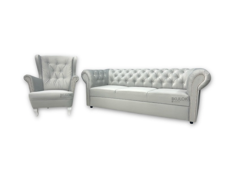 zestaw sofa Chesterfield Monaco i fotel Uszak Prestige 2770 szary velvet