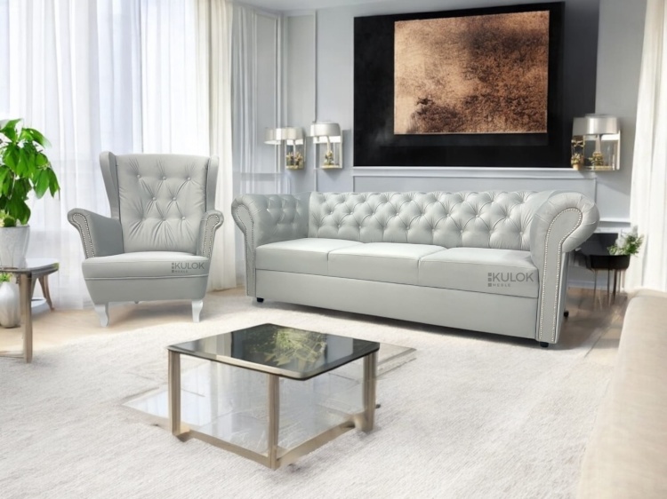 luksusowy zestaw sofa Chesterfield i fotel Uszak srebrne zdobienia