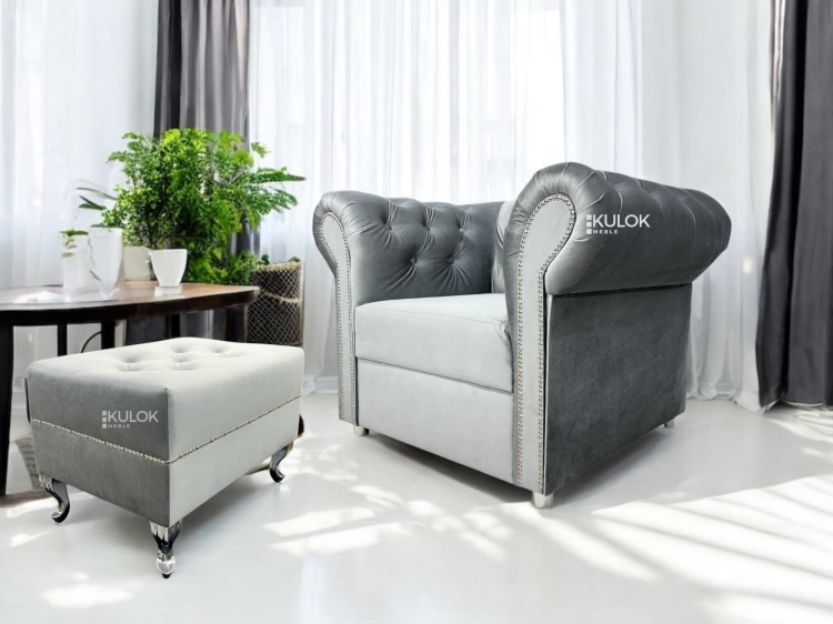 Designerski fotel Velvet premium – luksusowy Chesterfield Silver
