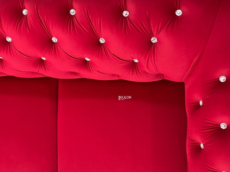 Luksusowy narożnik czerwony velvet do salonu z pojemnikiem na pościel