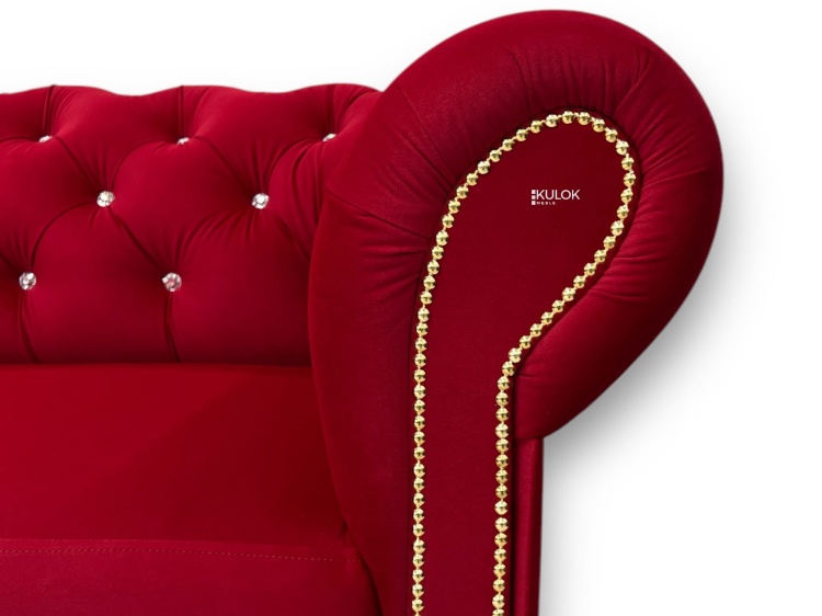 Narożnik Chesterfield Primavera czerwony glamour z funkcją spania i złotymi dodatkami