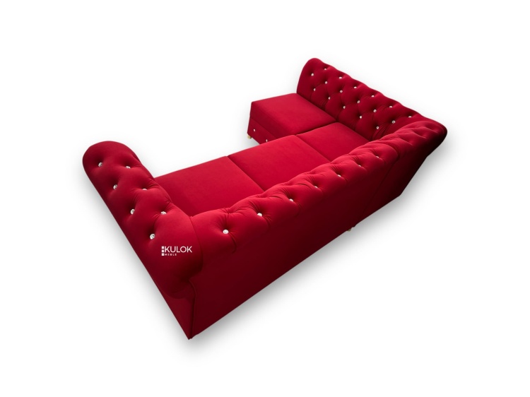 Czerwony narożnik Chesterfield z funkcją spania i dekoracyjnymi guzikami