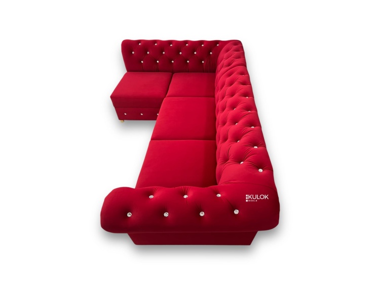 Stylowy narożnik tapicerowany z eleganckimi przeszyciami i złotymi akcentami