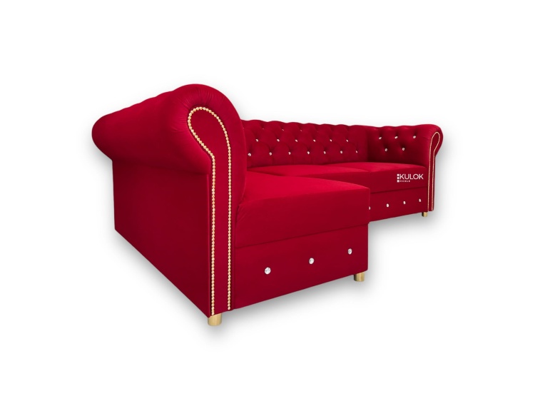 Polski narożnik tapicerowany Chesterfield z pikowaniem i kryształkami