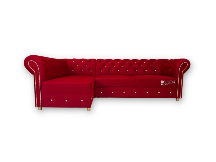 Narożnik Chesterfield Primavera czerwony glamour z funkcją spania i złotymi dodatkami