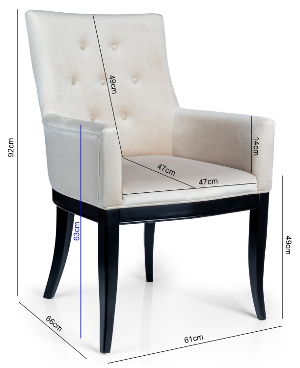 Krzesło Monte Pik – wymiary mebla: wysokość całkowita 92 cm, szerokość 61 cm, głębokość 66 cm, tapicerowane oparcie i podłokietniki, profilowane nogi