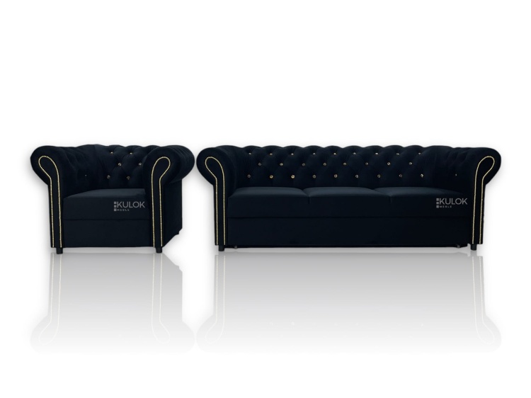 zestaw chesterfield sofa tokio i fotel czarny velvet z kryształami
