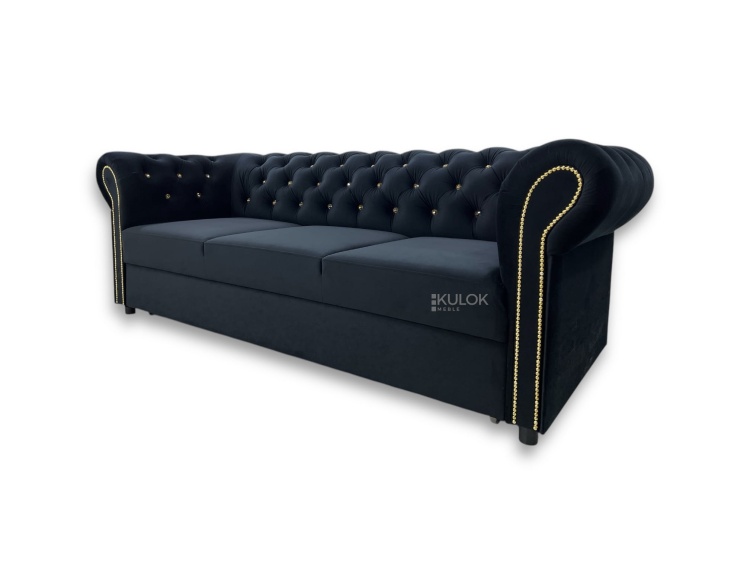 sofa tokio czarna velvet z kryształami i złotymi ćwiekami