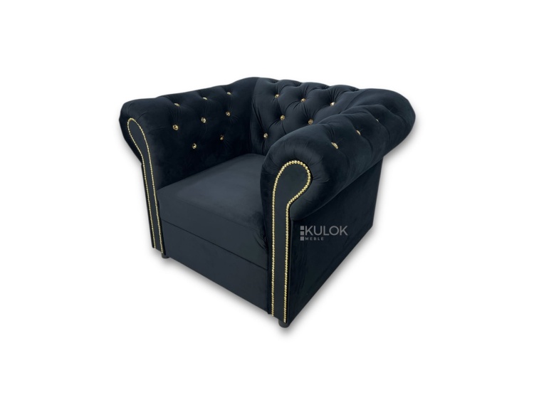 fotel chesterfield czarny velvet ze złotymi ćwiekami glamour