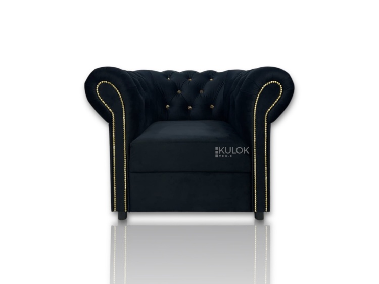 fotel chesterfield magic velvet czarny z kryształami i złotymi ćwiekami