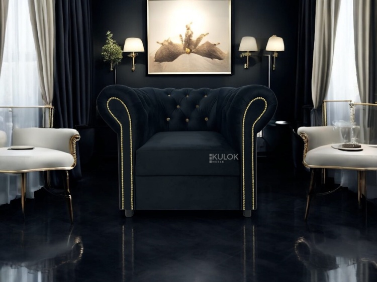 welurowy fotel glamour ze złotymi wykończeniami