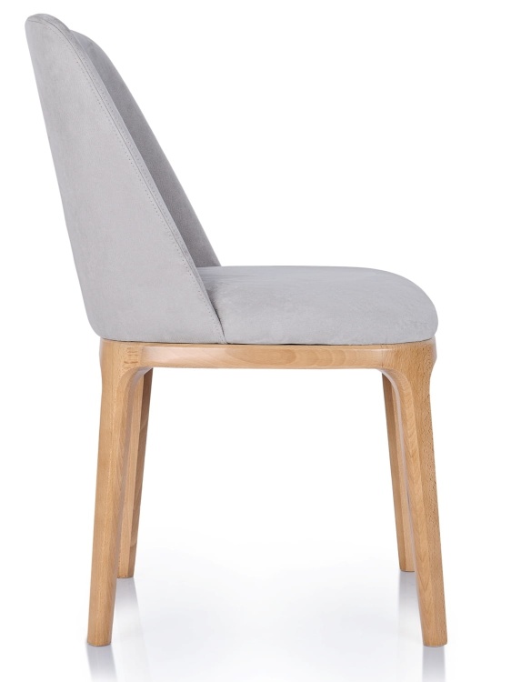 Krzesło Ravalo w kolorze szarym, profil boczny, miękkie tapicerowane siedzisko i ergonomiczne oparcie – meble do kuchni i salonu