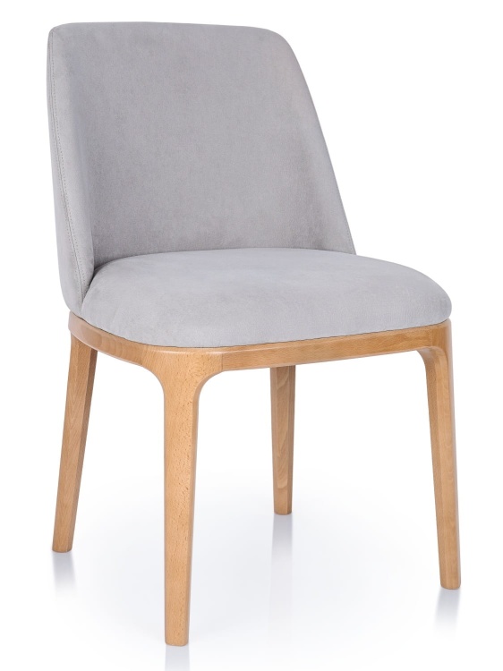 Front krzesła Ravalo, tapicerowane siedzisko i nowoczesne kształty, idealne krzesło do nowoczesnej jadalni