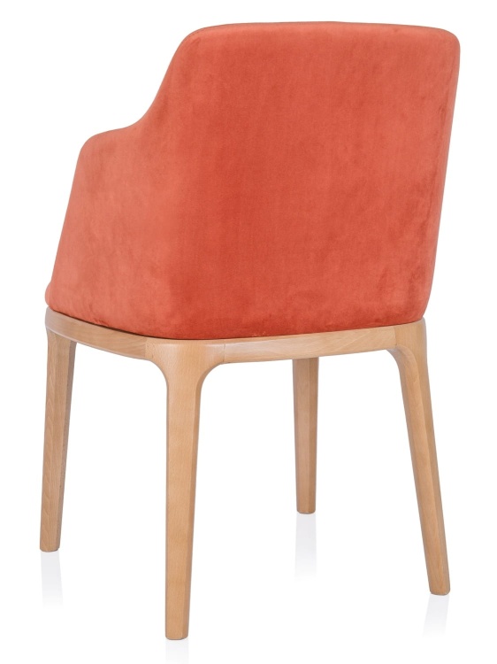 Nowoczesne krzesło kubełkowe Ravalo z pełnym tapicerowanym oparciem i drewnianymi nogami – widok tylny