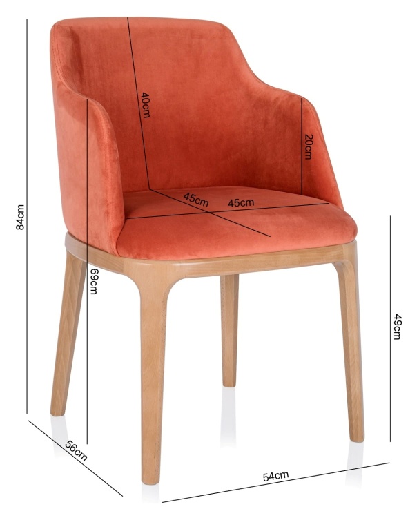 Wymiary krzesła kubełkowego Ravalo z podłokietnikami – tapicerowane krzesło do jadalni, nowoczesna forma i komfort