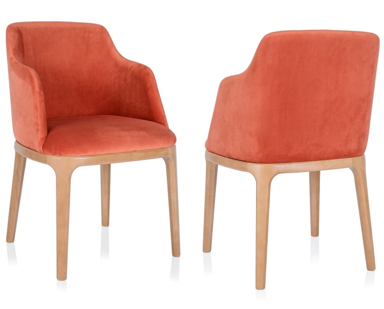 Zestaw dwóch krzeseł kubełkowych Ravalo – widok z przodu i tyłu, stylowe meble tapicerowane z podłokietnikami