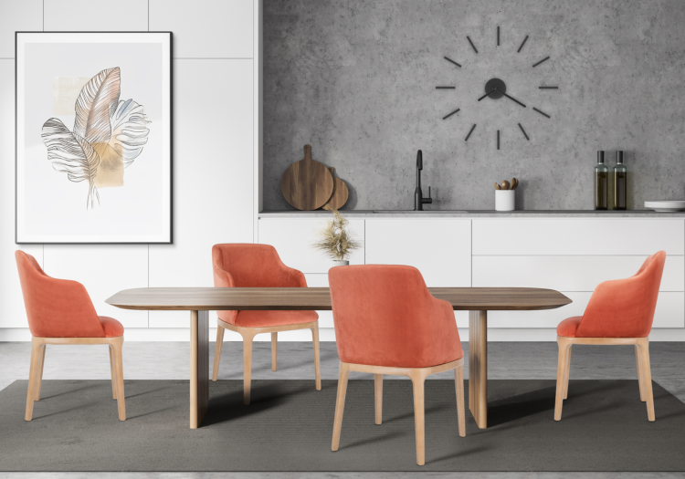 Aranżacja jadalni z krzesłami kubełkowymi Ravalo – ceglasty velvet, nowoczesny stół i elegancka przestrzeń