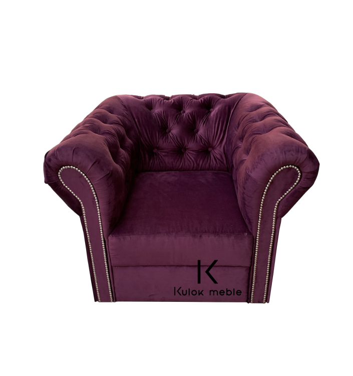 Pikowany Fotel do Salonu - Klasyczny Chesterfield w Odcieniu Fioletowego Śliwka