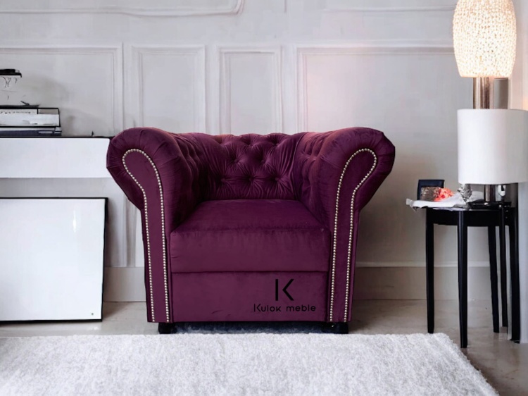 Fotel Chesterfield Fioletowy pikowany  - Elegancki z tkaniny  Kronos 03 z Pikowanie Ręcznie Wykończone od producent Kępno